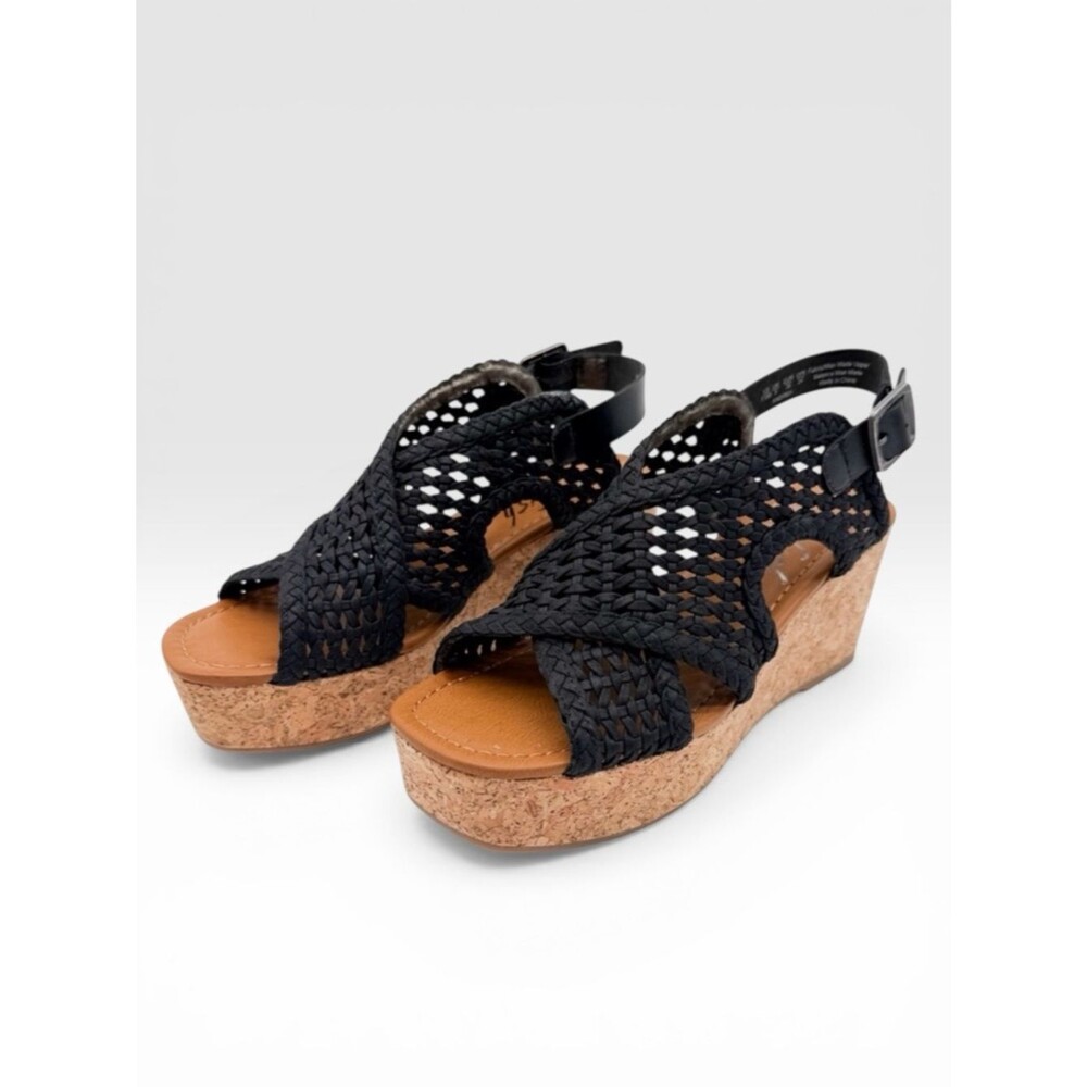 Blowfish Malibu Andrea Woven Platform Wedge Sandals Ankle Strap Black 7.5 NEW